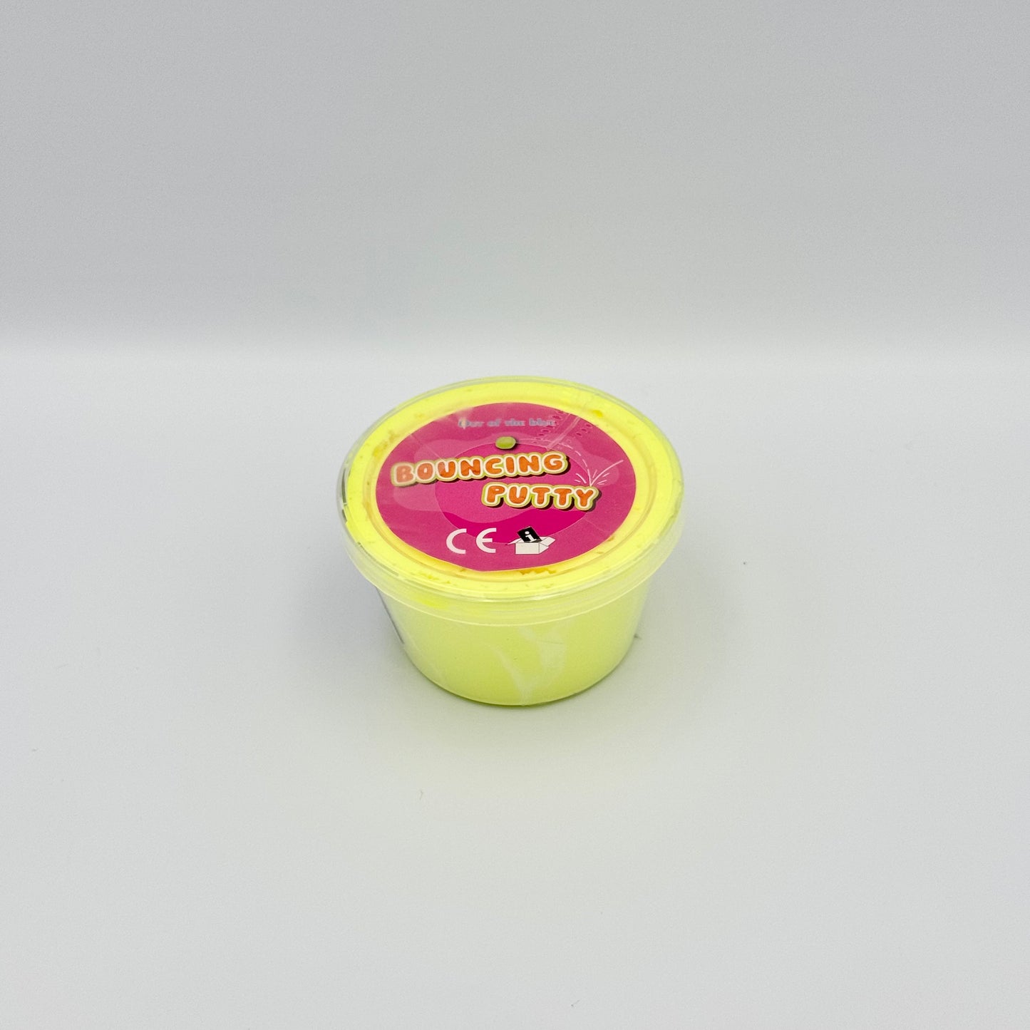 Gelbe Bouncing Putty Springknete in transparenter Dose – Hüpfknete als Fidget Toy für Hände