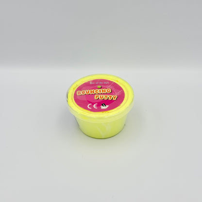 Gelbe Bouncing Putty Springknete in transparenter Dose – Hüpfknete als Fidget Toy für Hände