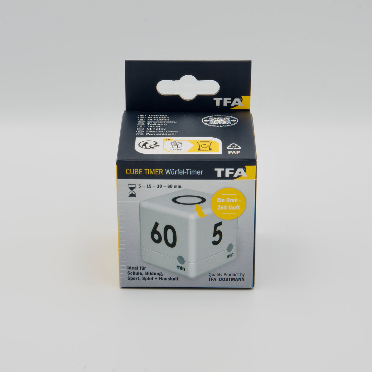 Vorderansicht der Produktverpackung des TFA Cube Timer Würfel-Timers