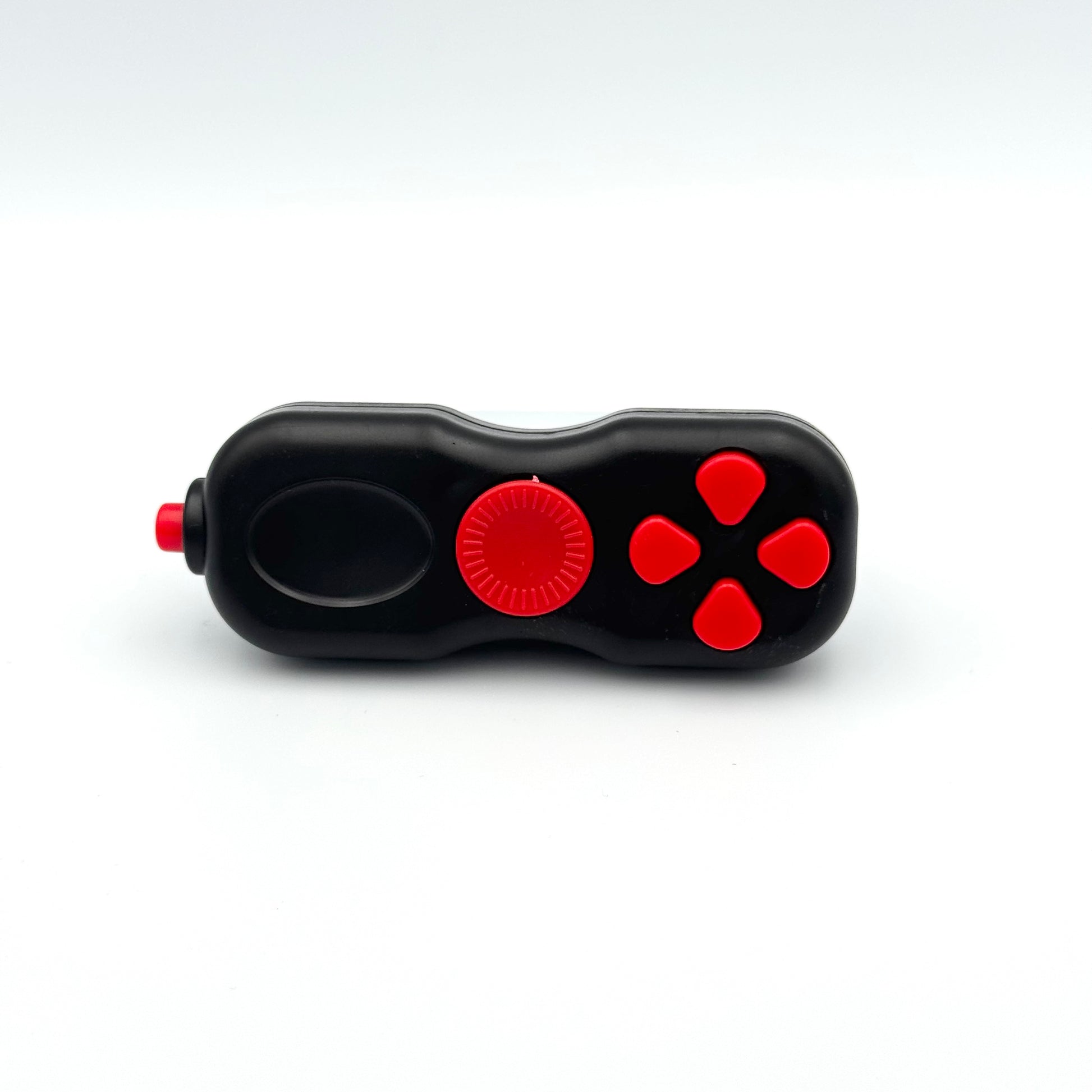 Schwarzer Fidget Controller Pad mit roten Tasten Rückseite – Fidget Toy für unterwegs