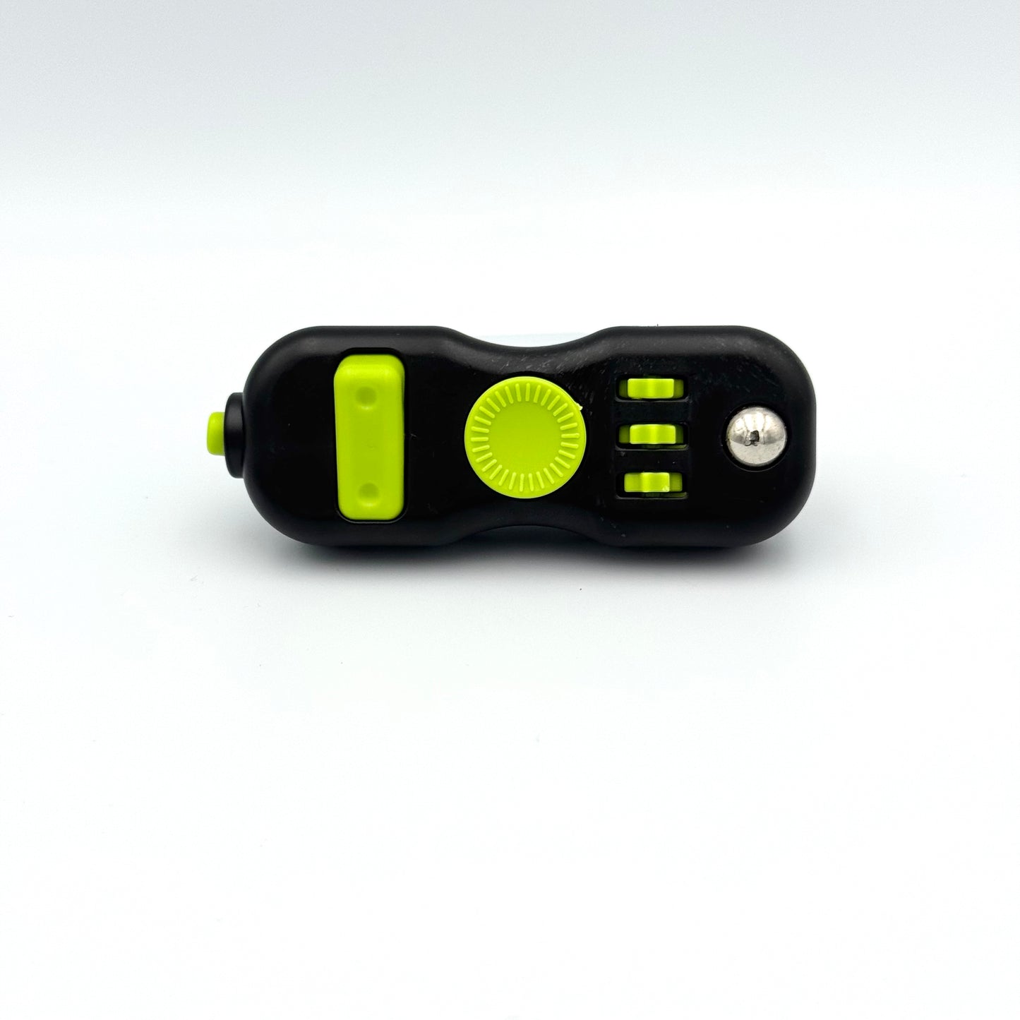 Schwarzer Fidget Controller Clicker mit grünen Tasten Vorderansicht – Anti-Stress Fidget