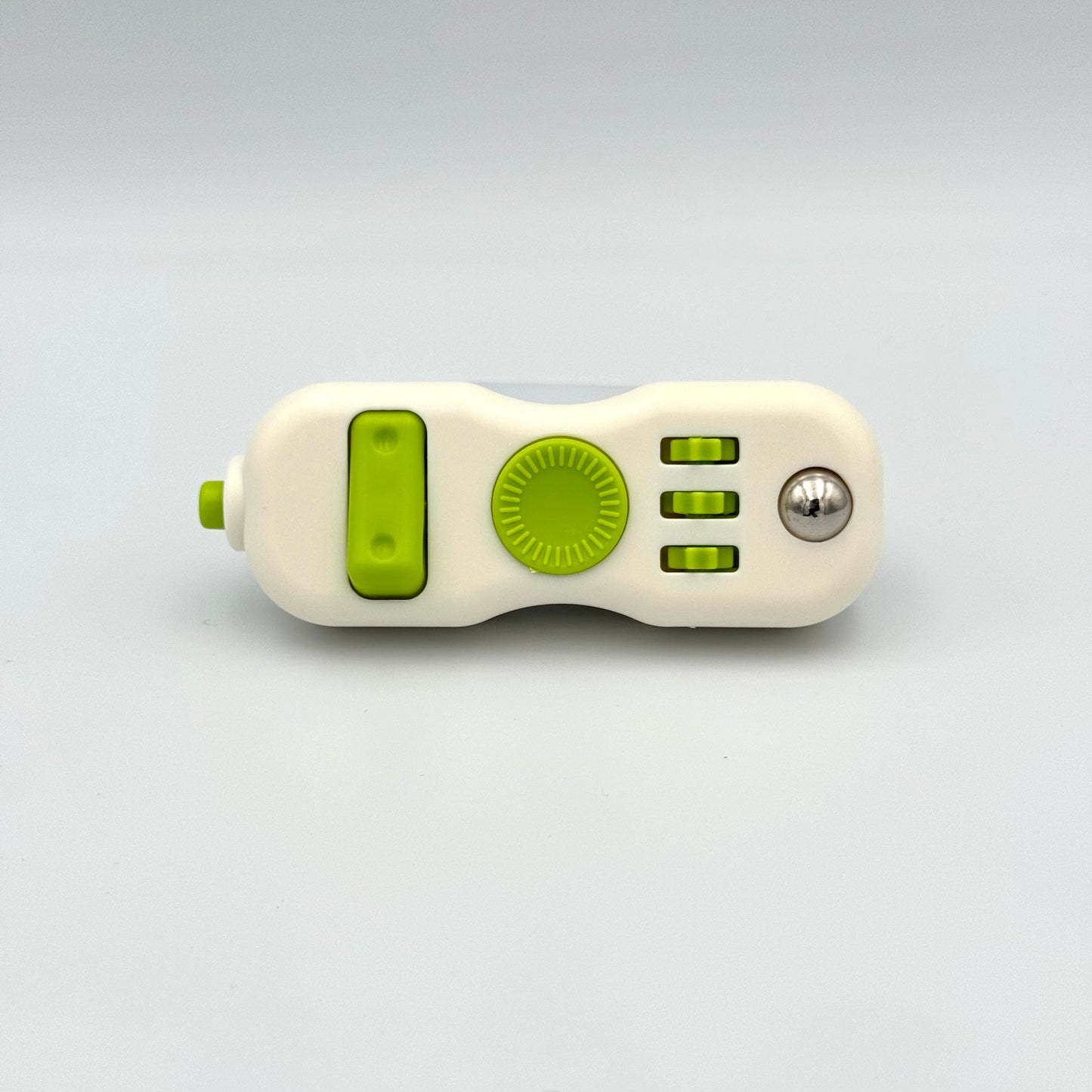 Weiß-grüner Fidget Controller mit Schalter, Zahnrädern & Metallkugel – Anti-Stress Tool