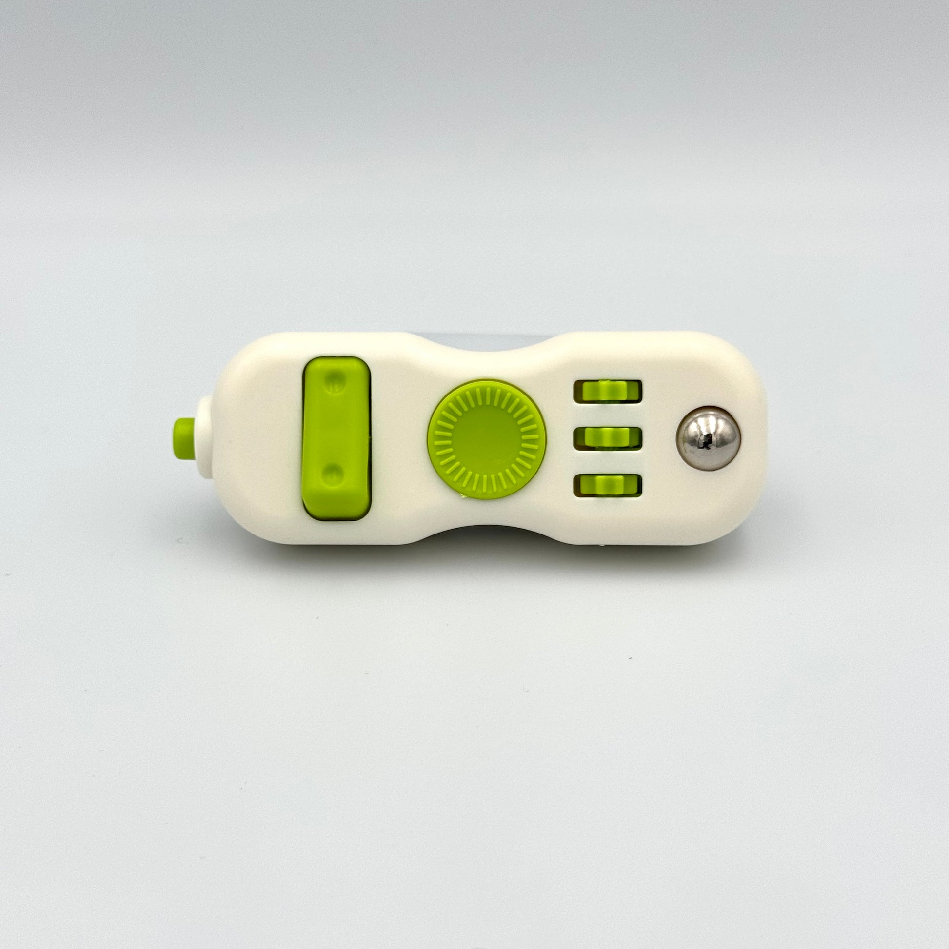 Weiß-grüner Fidget Controller mit Schalter, Zahnrädern & Metallkugel – Anti-Stress Tool