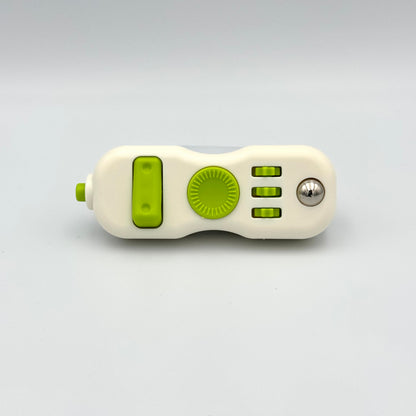 Weiß-grüner Fidget Controller mit Schalter, Zahnrädern & Metallkugel – Anti-Stress Tool