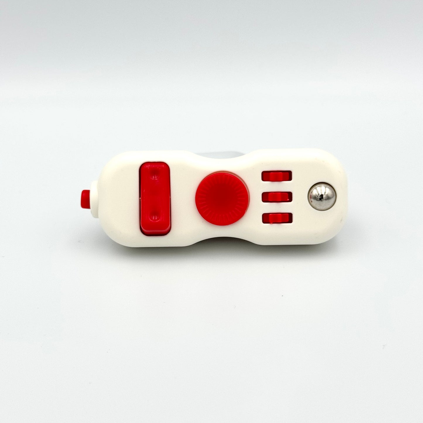Weiß-roter Fidget Controller Clicker Vorderansicht mit Schalter & Metallkugel – Skill Pad