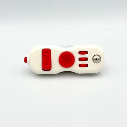 Weiß-roter Fidget Controller Clicker Vorderansicht mit Schalter & Metallkugel – Skill Pad