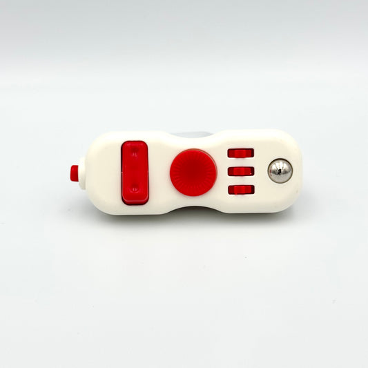 Weiß-roter Fidget Controller Clicker Vorderansicht mit Schalter & Metallkugel – Skill Pad