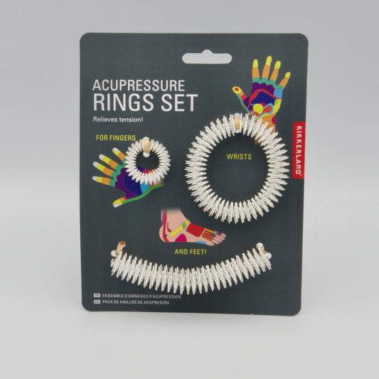 Verpackung des Kikkerland Akupressur-Ring-Sets in Silber für Finger, Handgelenke und Füße.