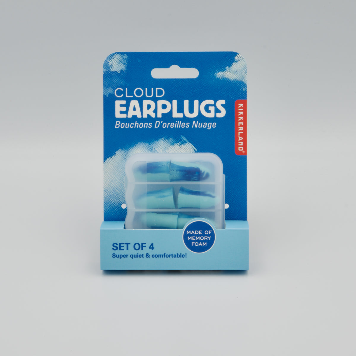 Blaue Verpackung der Kikkerland Cloud Earplugs mit vier Sets blau-marmorierten Gehörschutz-Stöpseln im Kunststoff-Etui.