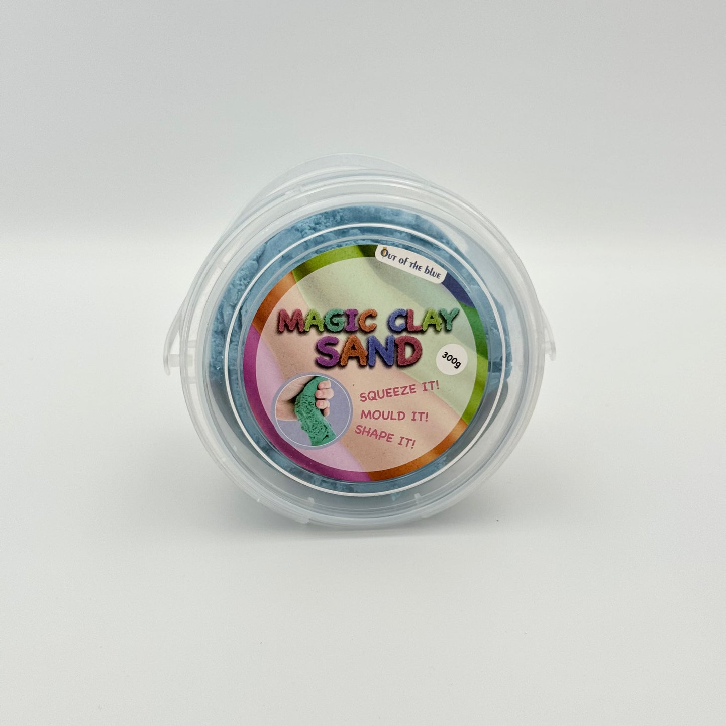 Blauer Magic Clay Sand Eimer mit Henkel Seitenansicht – Kinetischer Modelliersand