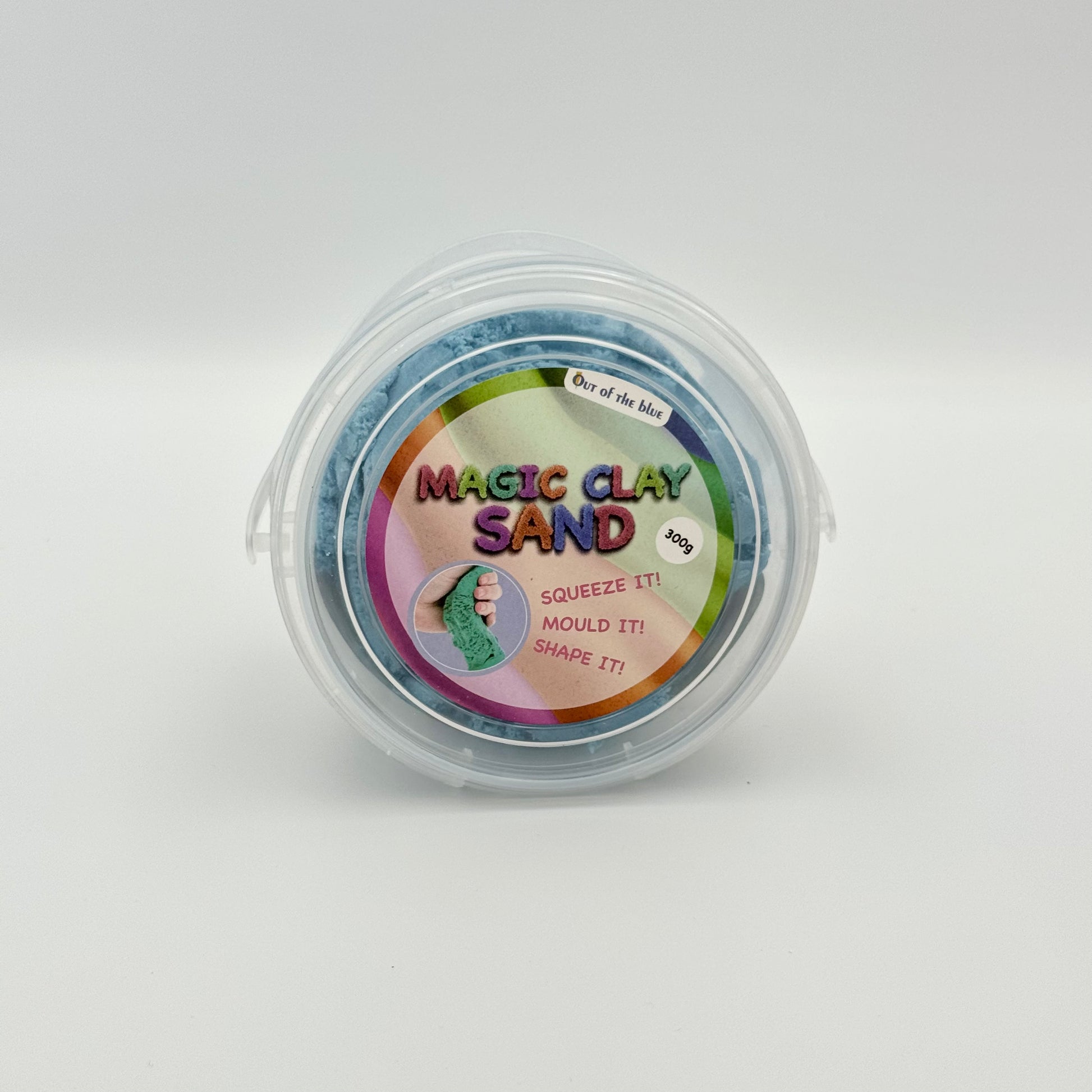 Blauer Magic Clay Sand Eimer mit Henkel Seitenansicht – Kinetischer Modelliersand