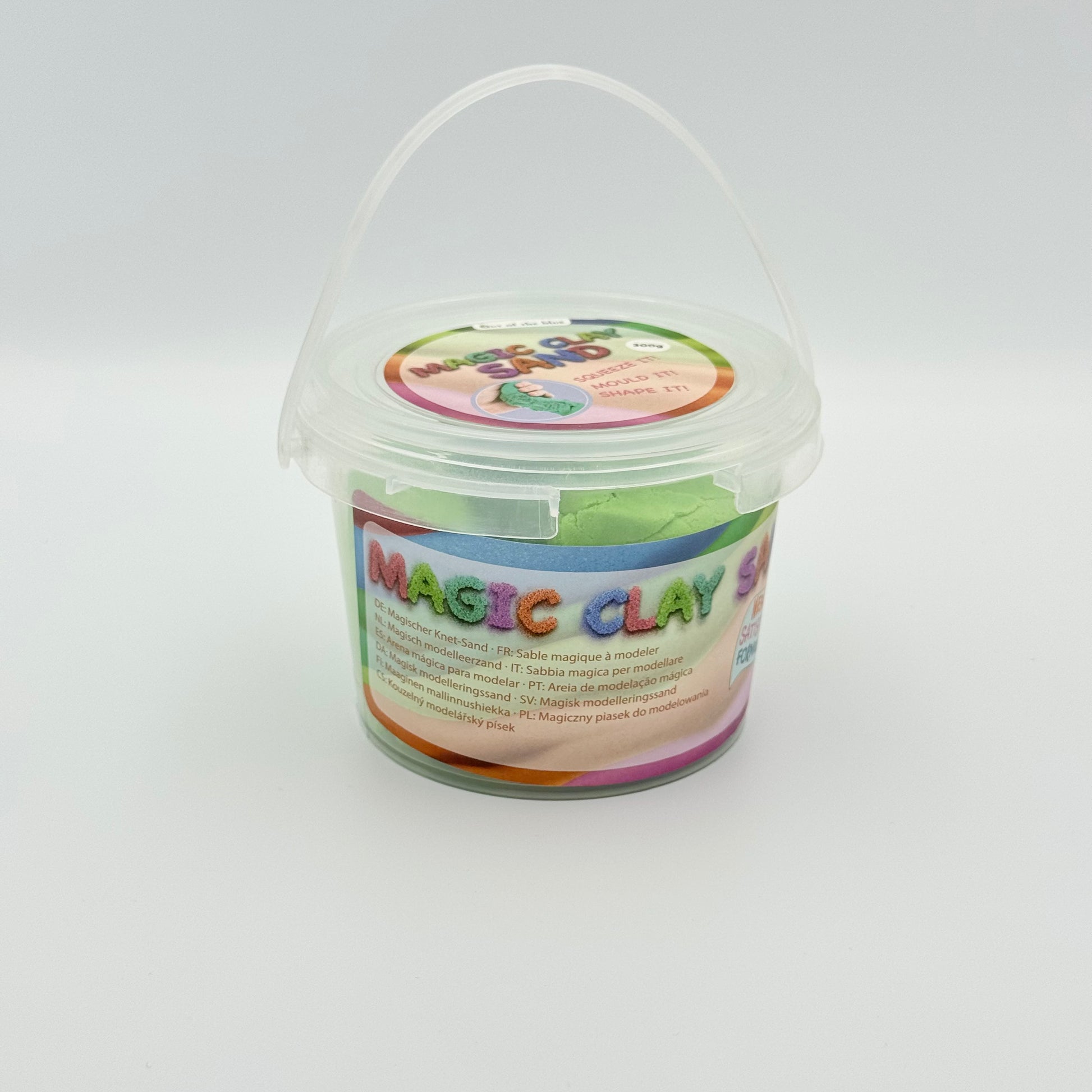 Grüner Magic Clay Sand Eimer mit Henkel Seitenansicht – Modelliersand zum Kneten