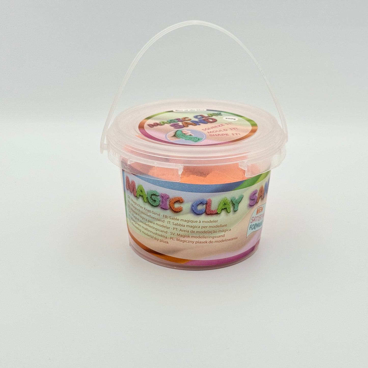 Oranger Magic Clay Sand Eimer mit Henkel Seitenansicht – Kinetischer Sand für Stressabbau