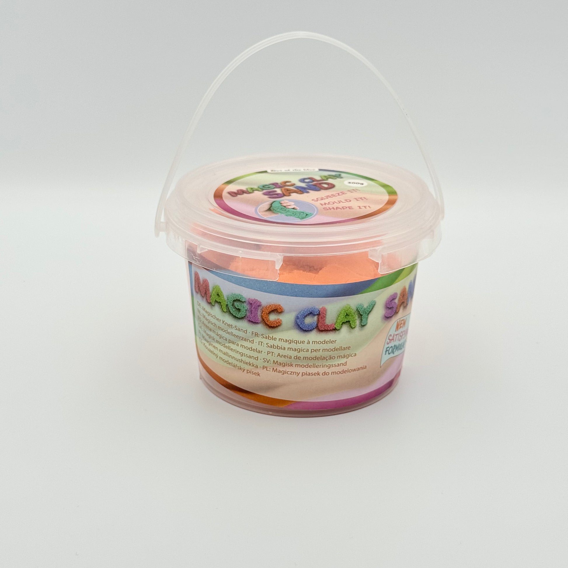 Oranger Magic Clay Sand Eimer mit Henkel Seitenansicht – Kinetischer Sand für Stressabbau