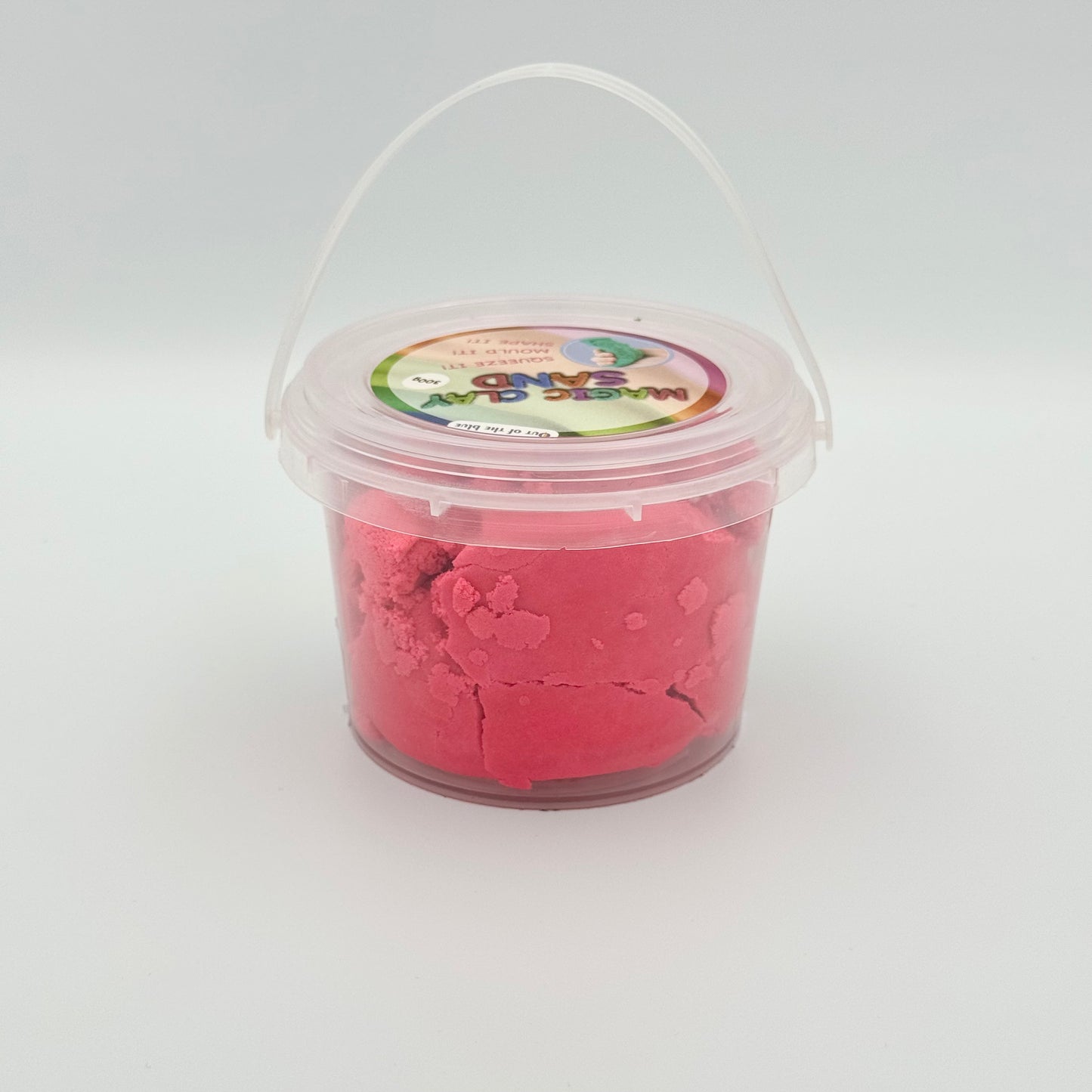 Transparenter Eimer mit Henkel gefüllt mit rosa Magic Clay Knet-Sand – Modelliersand 300g