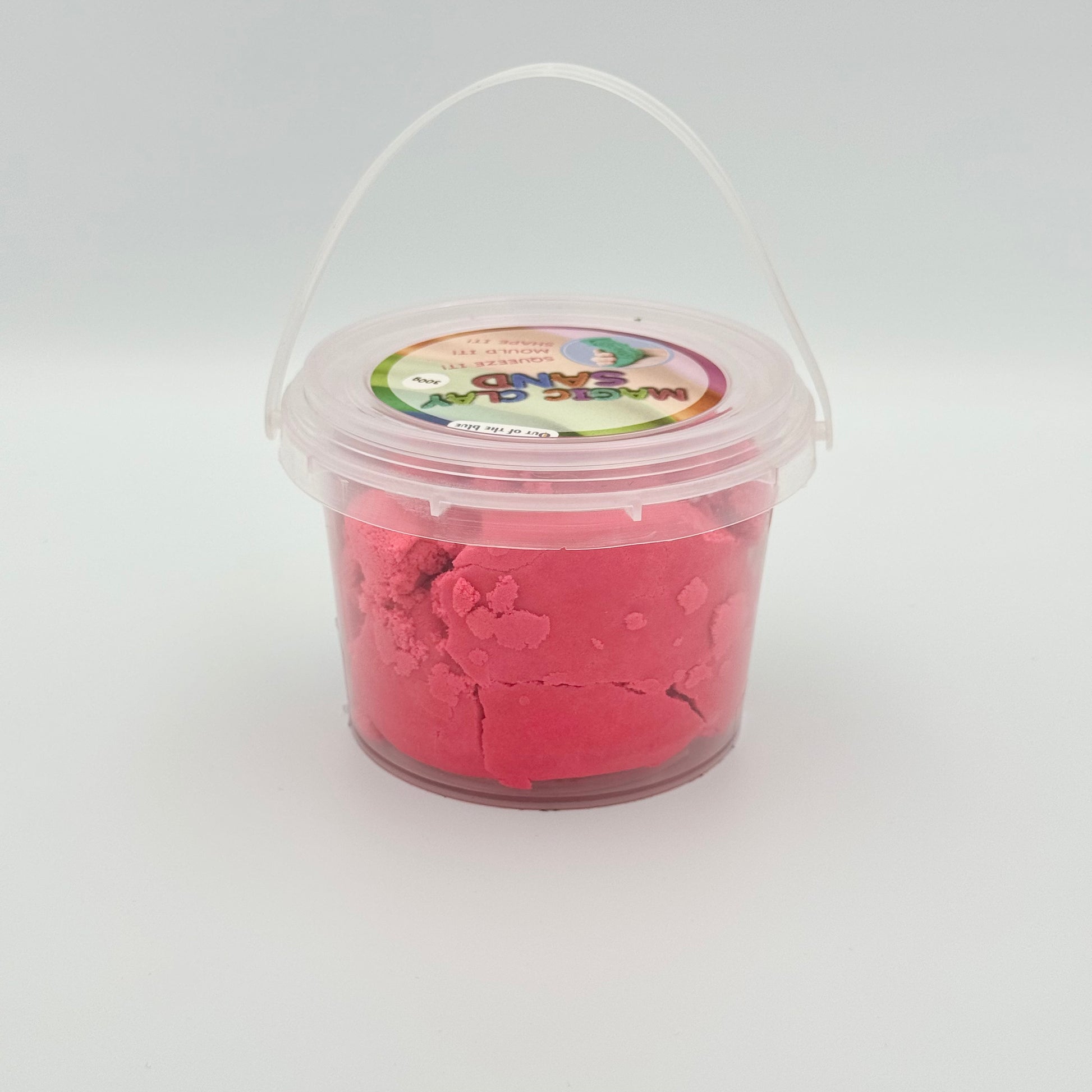 Transparenter Eimer mit Henkel gefüllt mit rosa Magic Clay Knet-Sand – Modelliersand 300g