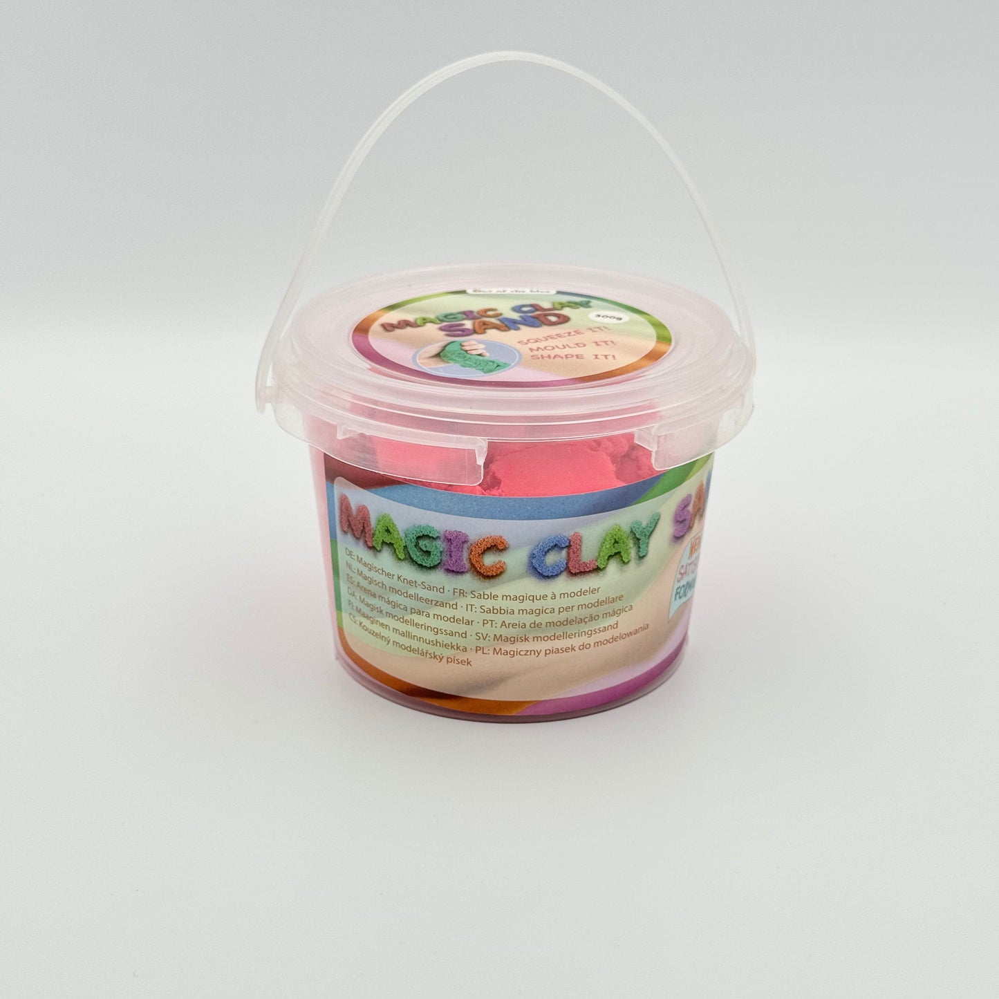 Rosa Magic Clay Sand Eimer mit Henkel Seitenansicht – 300g Magischer Knet-Sand zum Entspannen