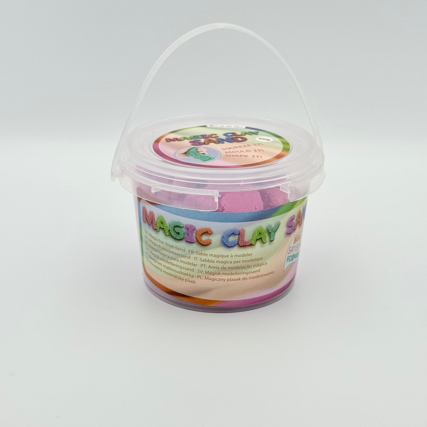 Lila Magic Clay Sand Eimer mit Henkel Seitenansicht – Kinetischer Sand zum Kneten