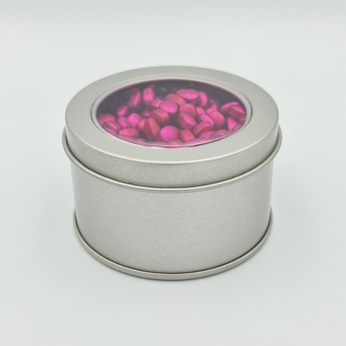 Silberne Dose gefüllt mit lila magnetischen Knet-Steinen – Fidget Toy Aufbewahrungsdose