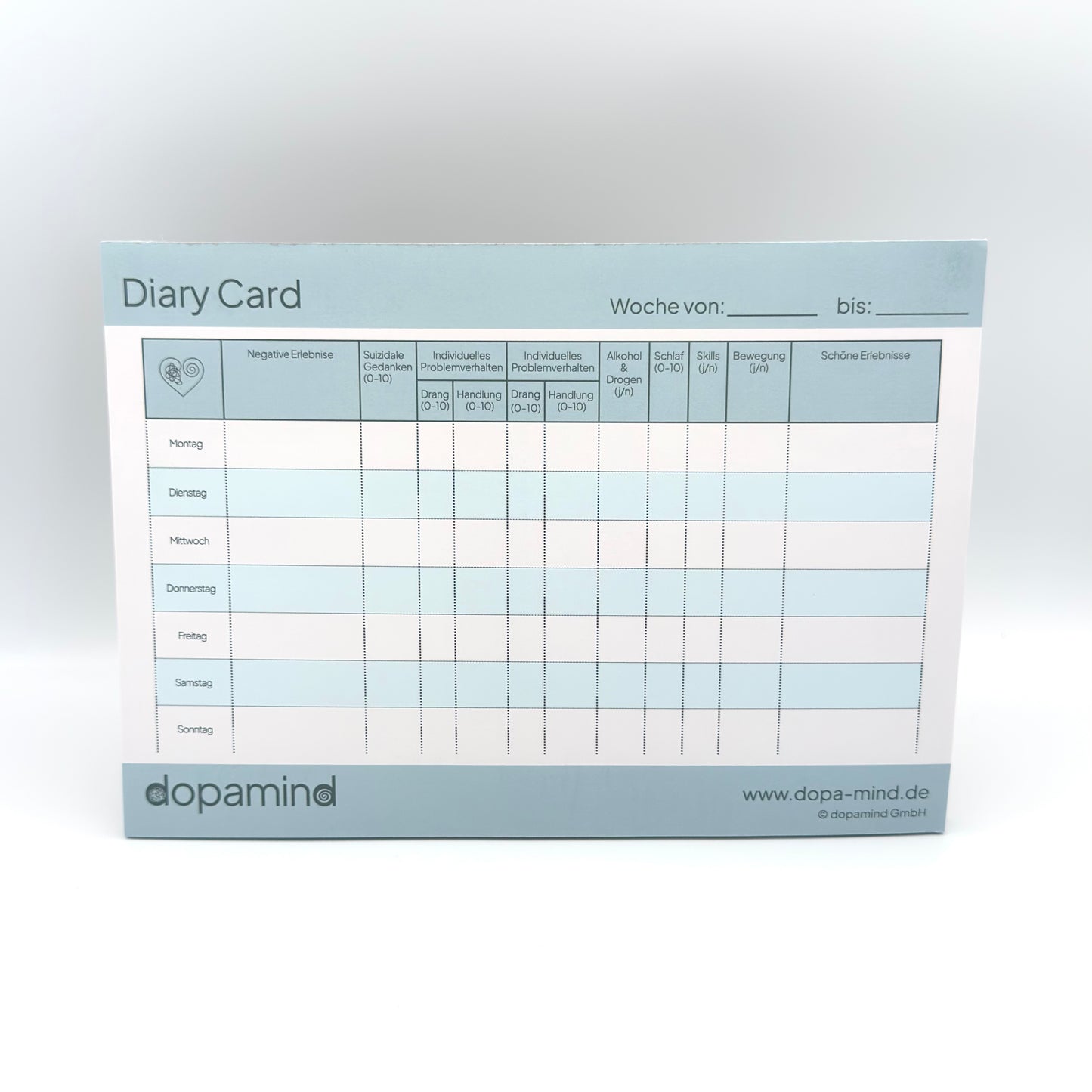 dopamind Diary Card Abreißblock – Wochenprotokoll für Gefühle, Symptome Problemverhalten und Skills