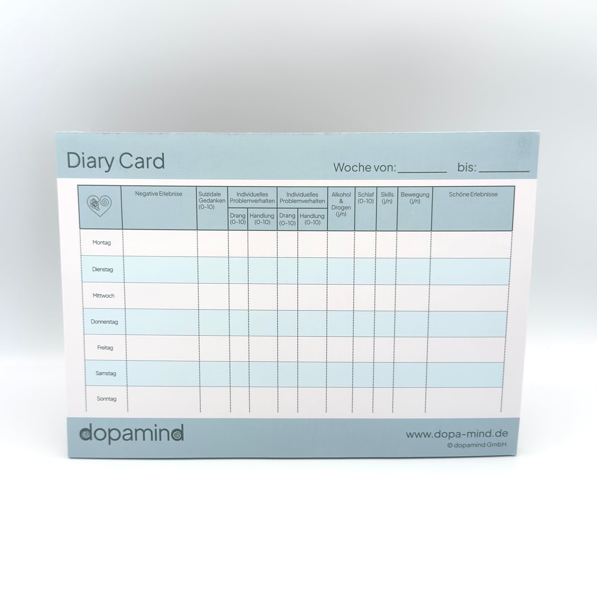 dopamind Diary Card Abreißblock – Wochenprotokoll für Gefühle, Symptome Problemverhalten und Skills