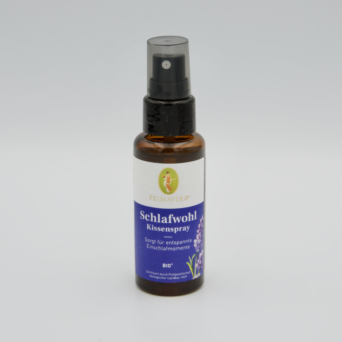 Primavera Schlafwohl Kissenspray in einer braunen Glasflasche mit Sprühaufsatz