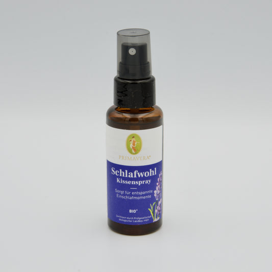 Primavera Schlafwohl Kissenspray in einer braunen Glasflasche mit Sprühaufsatz