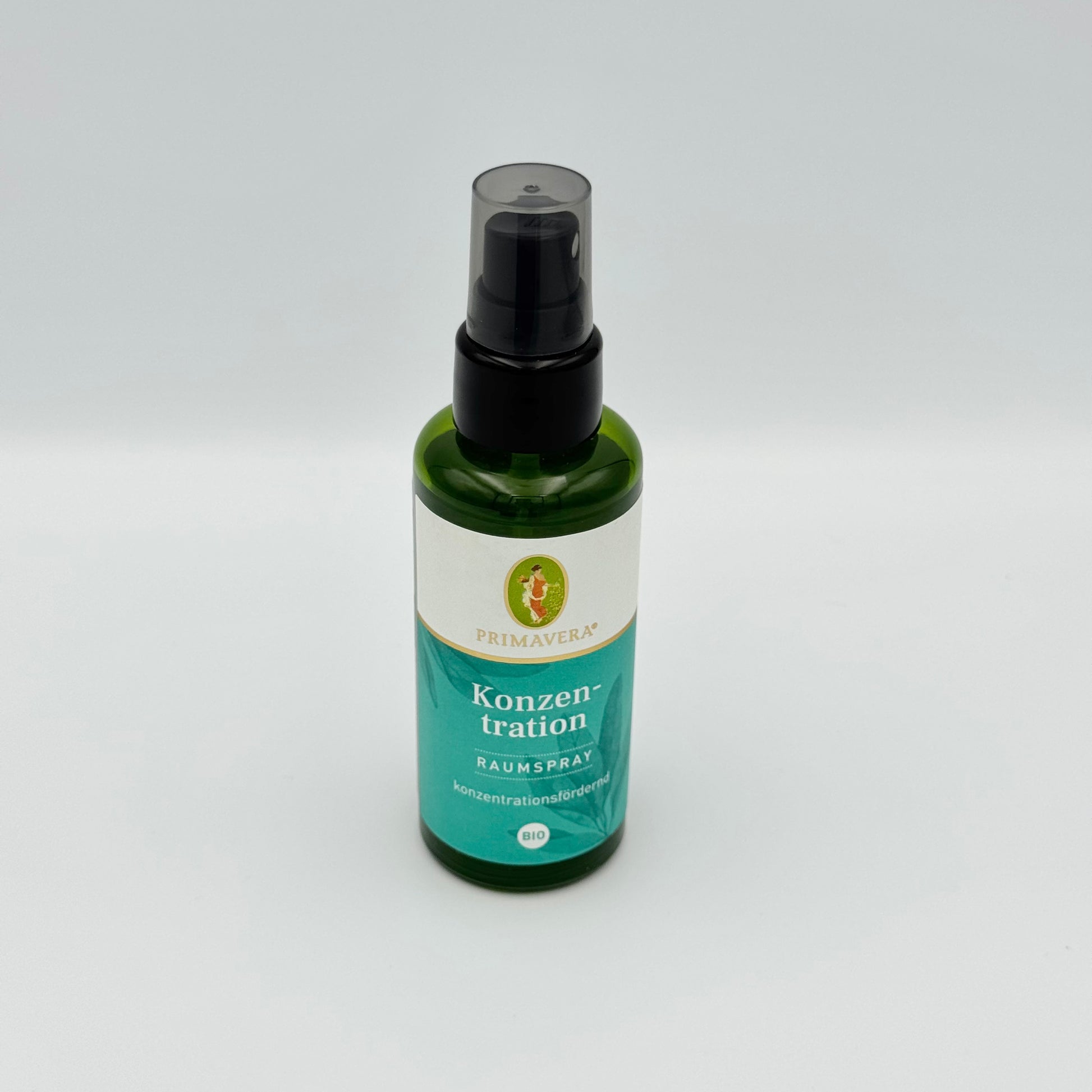 Primavera Bio Raumspray Konzentration in grüner Glasflasche – Konzentrationsfördernder Duft für Fokus