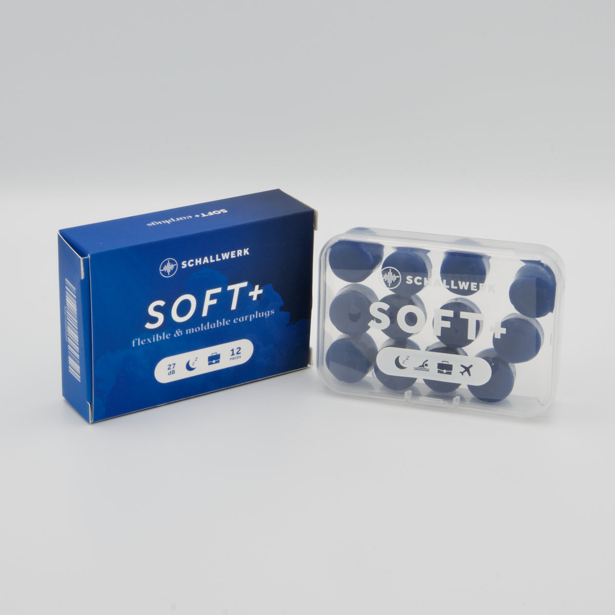 Blaue Produktverpackung und transparente Aufbewahrungsdose mit verformbaren Schallwerk Soft+ Gehörschutz-Stöpseln