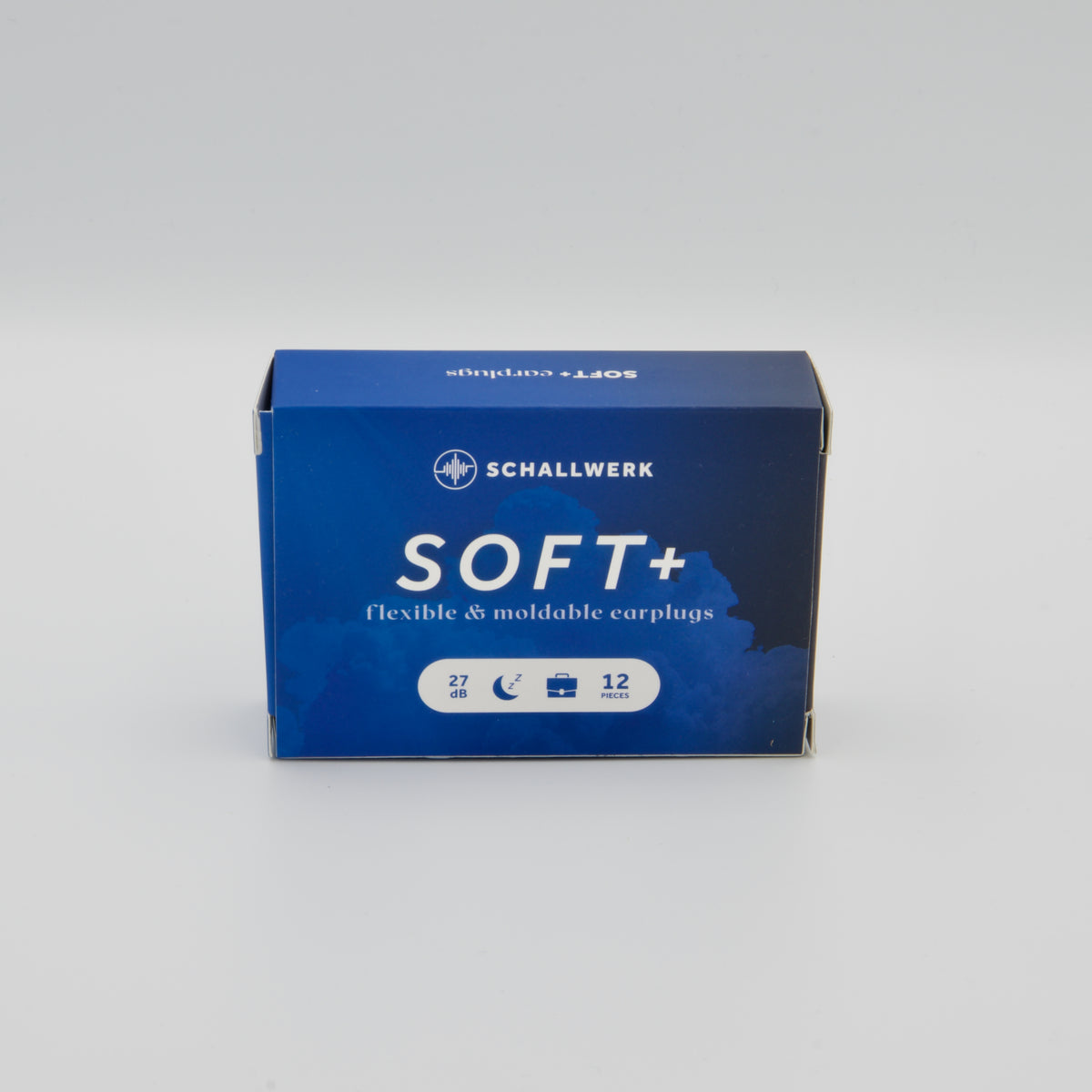 Blaue Kartonverpackung der Schallwerk Soft+ verformbaren Gehörschutz-Stöpsel