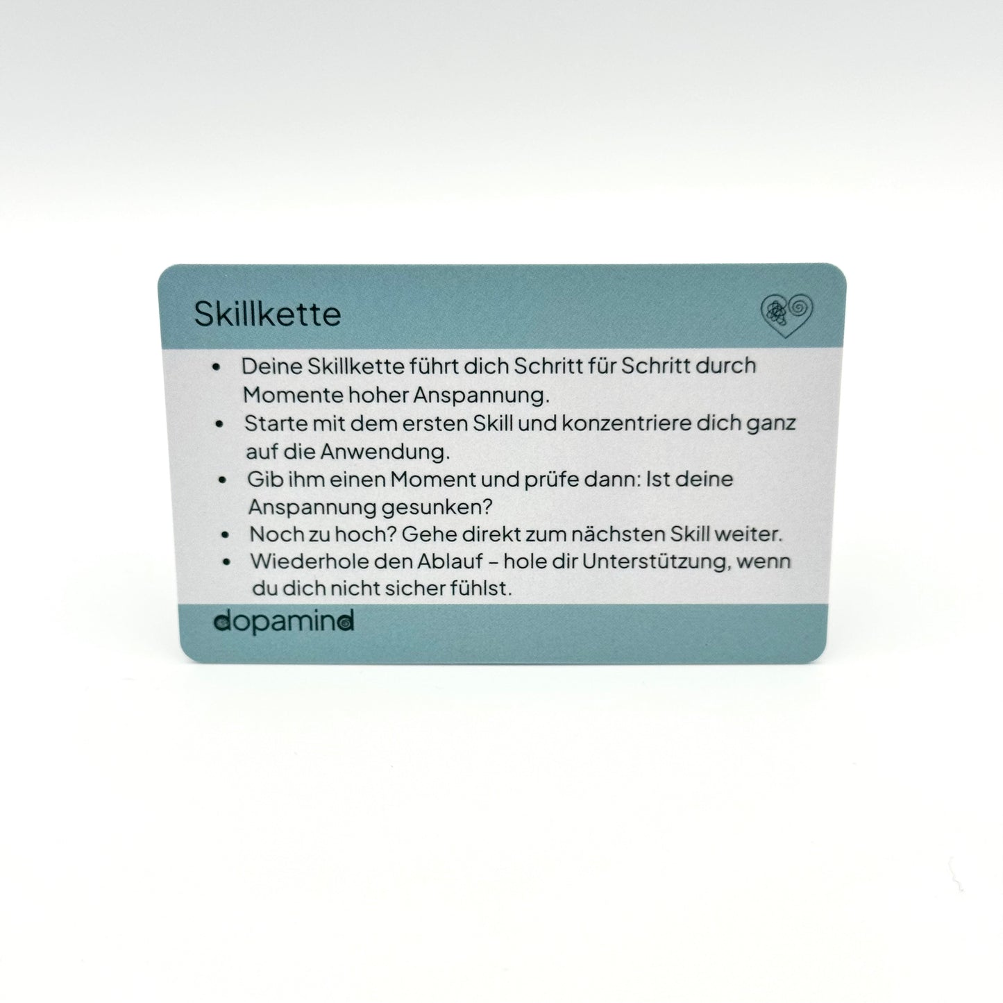 dopamind Skillkette Karte Vorderseite mit Anleitung – Hilfskarte zur Schritt-für-Schritt Reiz- und Anspannungsregulation