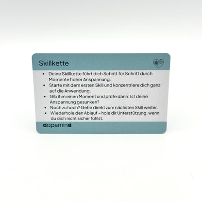 dopamind Skillkette Karte Vorderseite mit Anleitung – Hilfskarte zur Schritt-für-Schritt Reiz- und Anspannungsregulation
