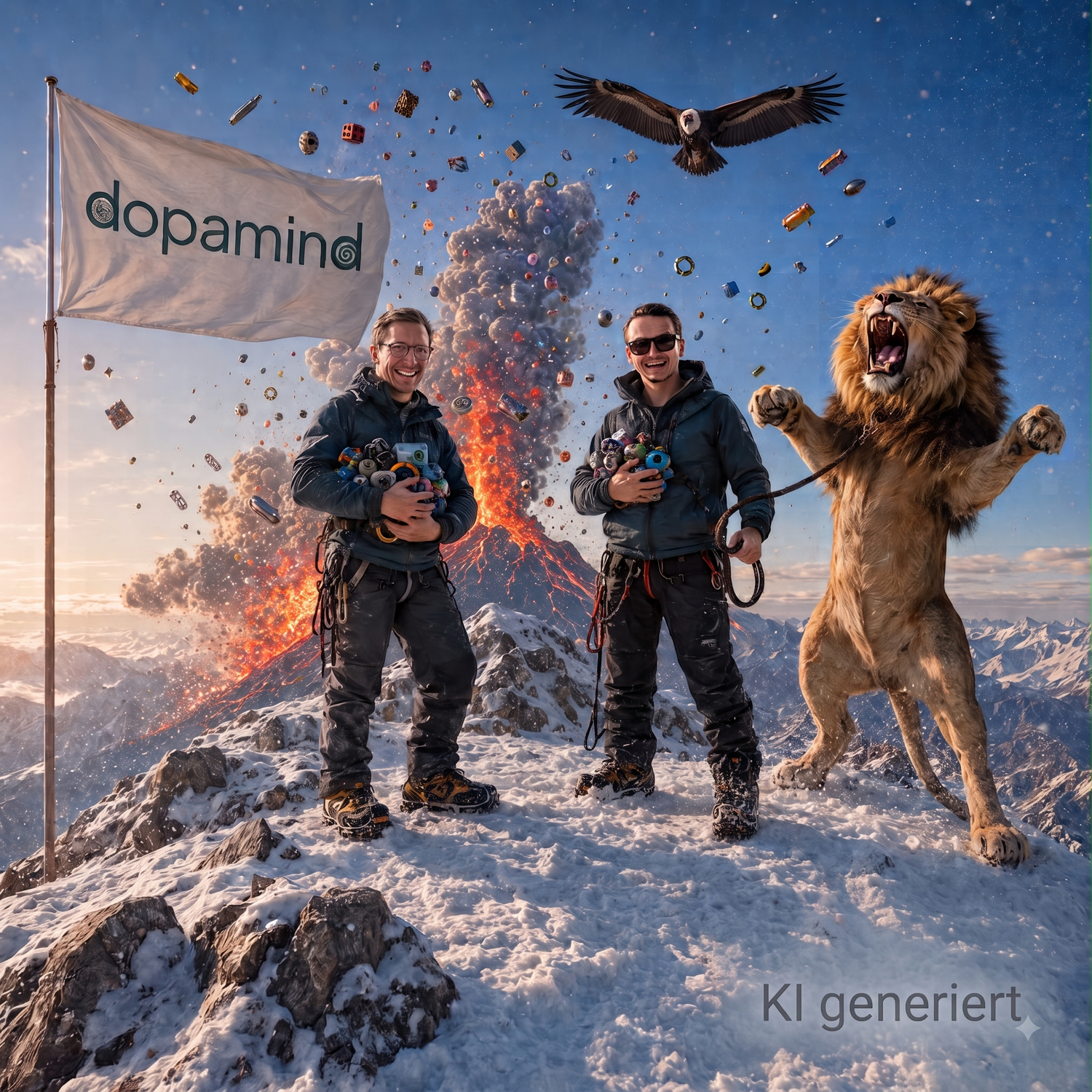 KI-generiertes dopamind Team-Bild auf verschneiter Bergspitze mit Flagge, Vulkanausbruch, Löwe und fliegenden Fidget Toys